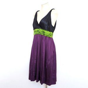 DKNY Black Green Purple Silk Sleeveless Party Cocktail Midi Dress